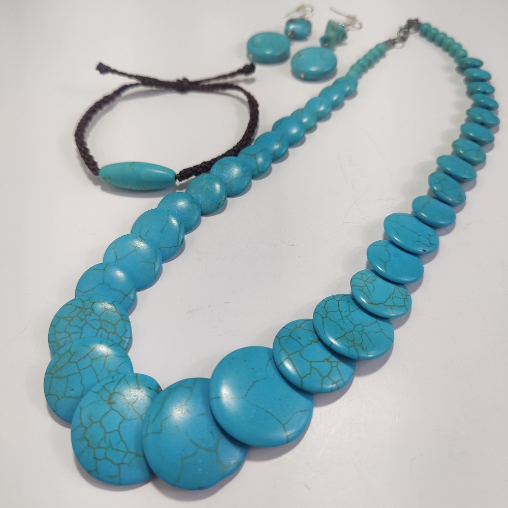 Vintage Howlite Jewelry Set Necklace Bracelet Earrings 3pc Boho